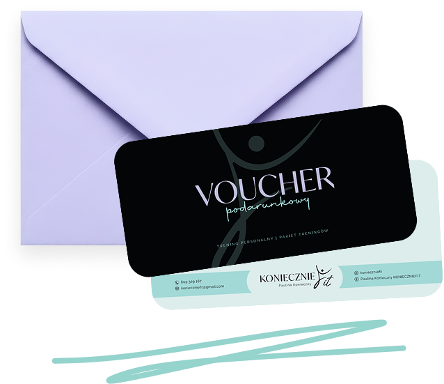 Voucher podarunkowy firmy koniecznie fit - na tle liliowej koperty.